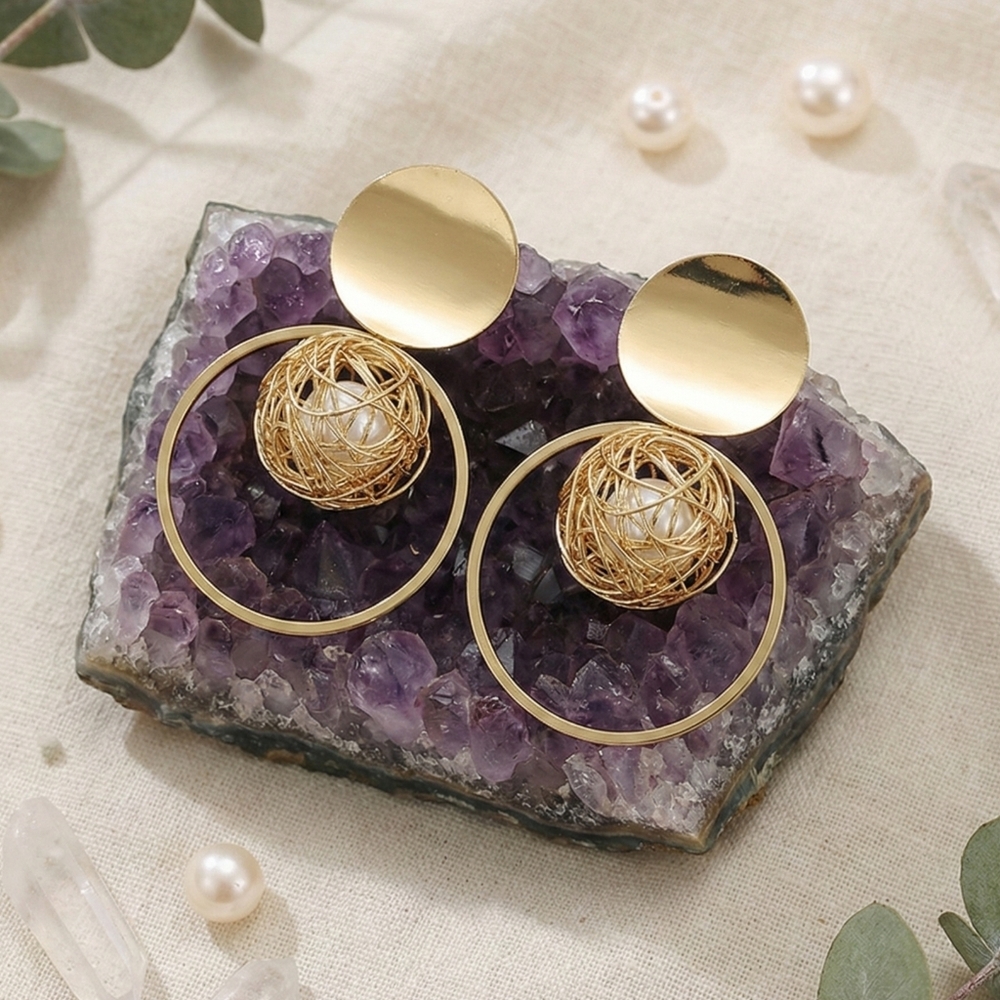 Gold Plated Wire Mesh Faux Pearl Sphere Statement Drop Earrings Geometric Chic - Picture 13 of 15